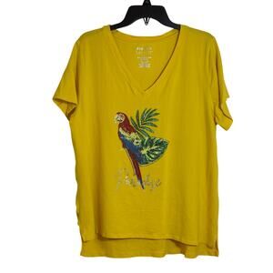 New York Laundry 1X Yellow Parrot Paradise V-neck Short Sleeve T-shirt Hi-Low